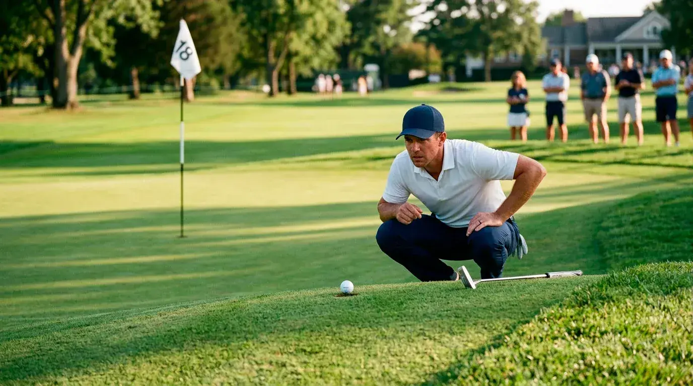 Golfer crouching to read the green before an important putt during a tournament