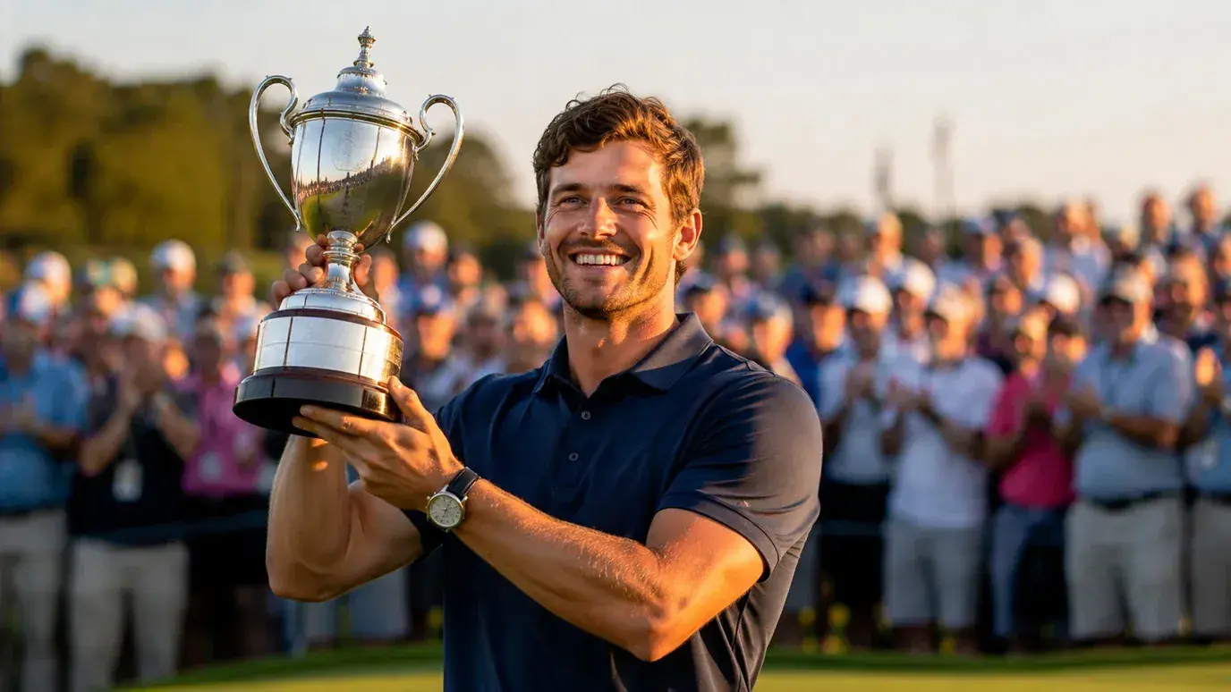 Golfer raising a trophy after winning a tournament identified through course-fit analysis