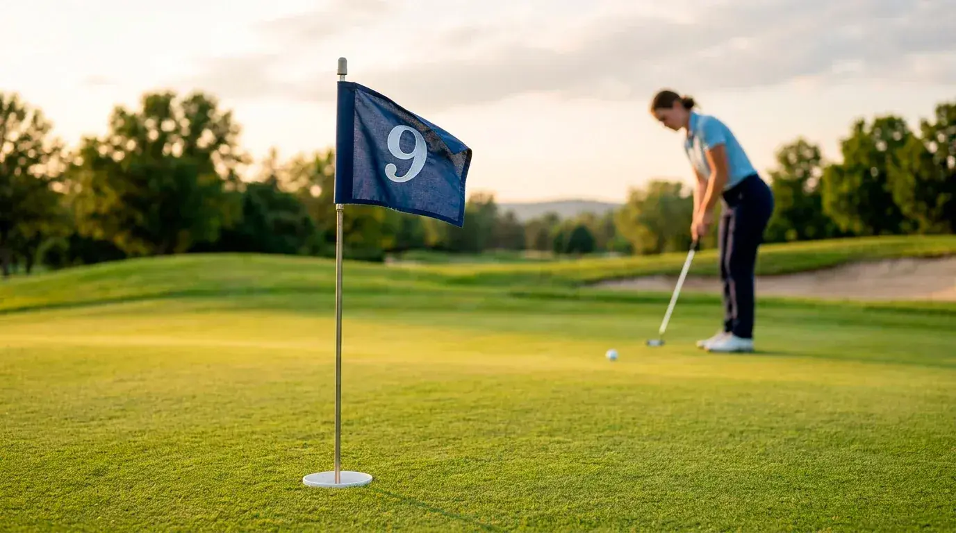 Close-up of a golf hole flag on the green with a player preparing a putt
