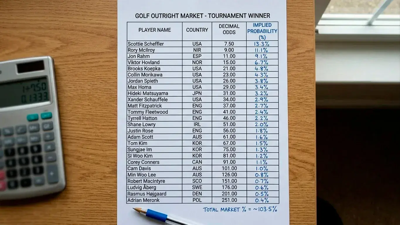 Golf outright market with implied probability percentages alongside each player price