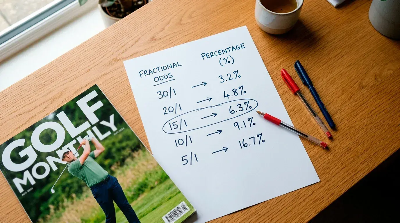Implied probability conversion showing how fractional golf odds translate to percentage win chances