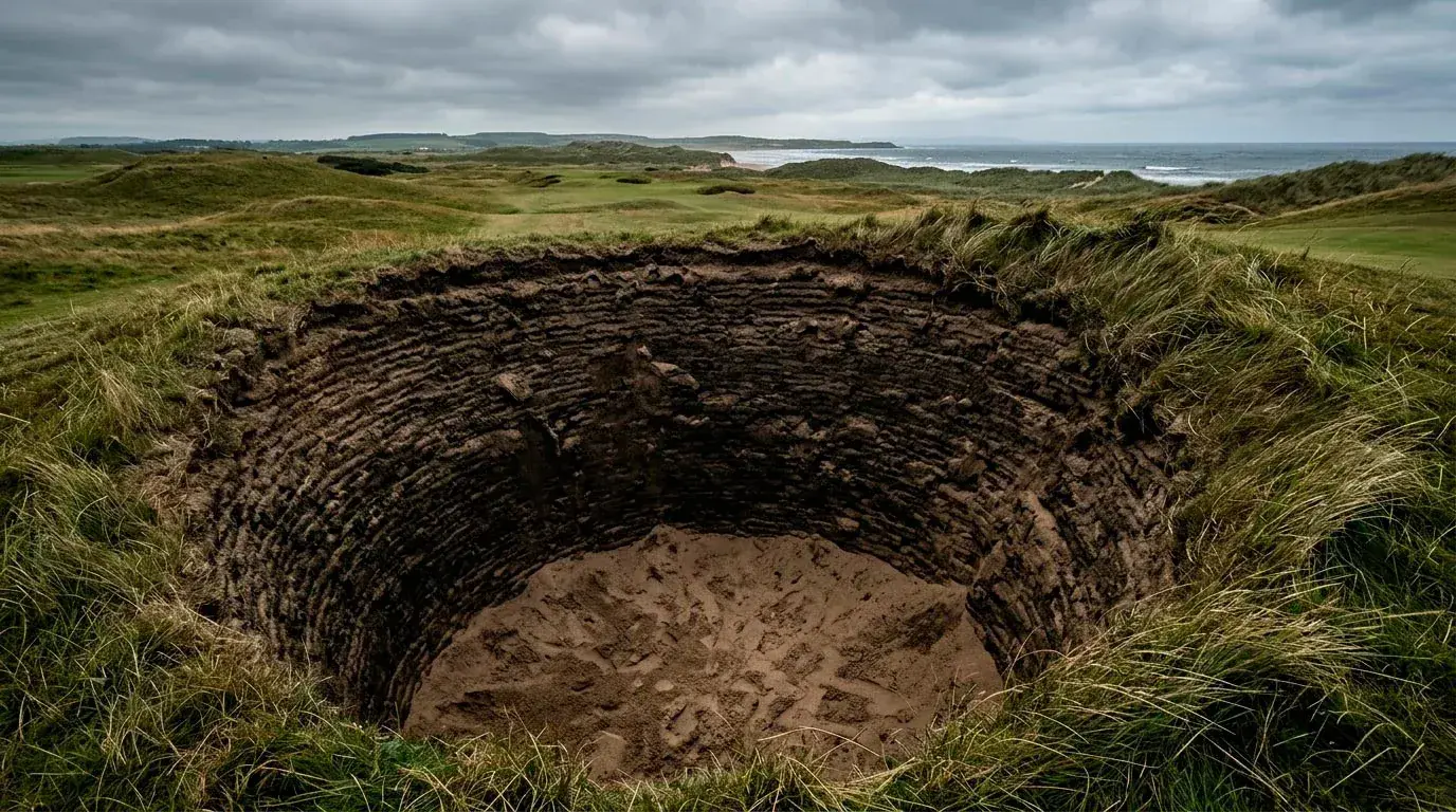 Deep pot bunker surrounded by thick fescue rough on a links golf course