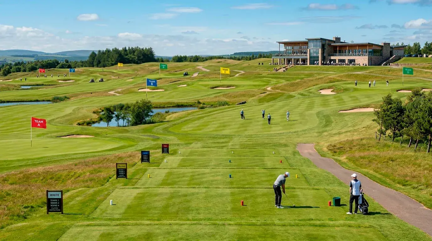 LIV Golf event with shotgun start format on a wide open course with team branding