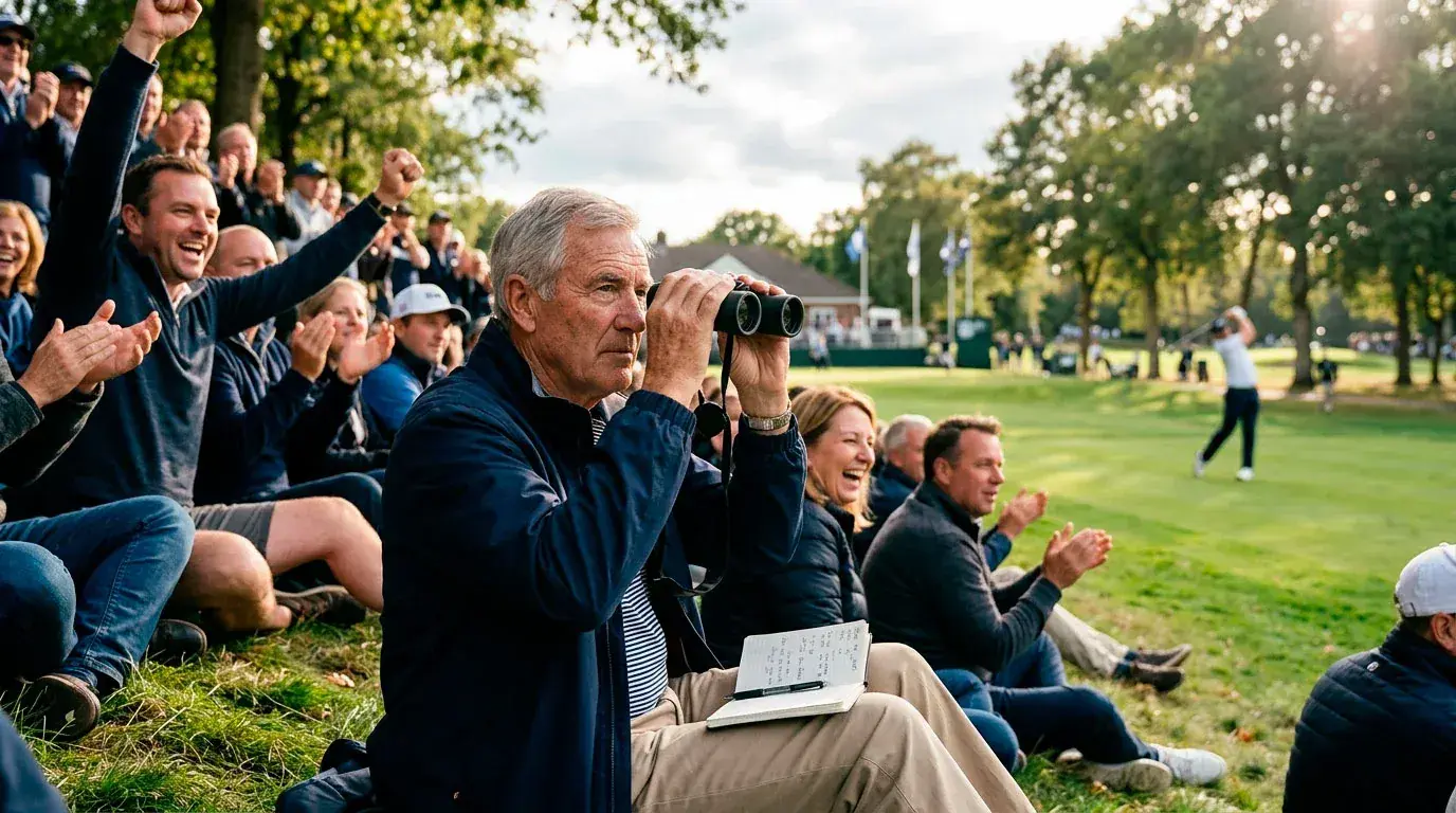 Punter calmly observing a golf round from the gallery practising disciplined live betting patience