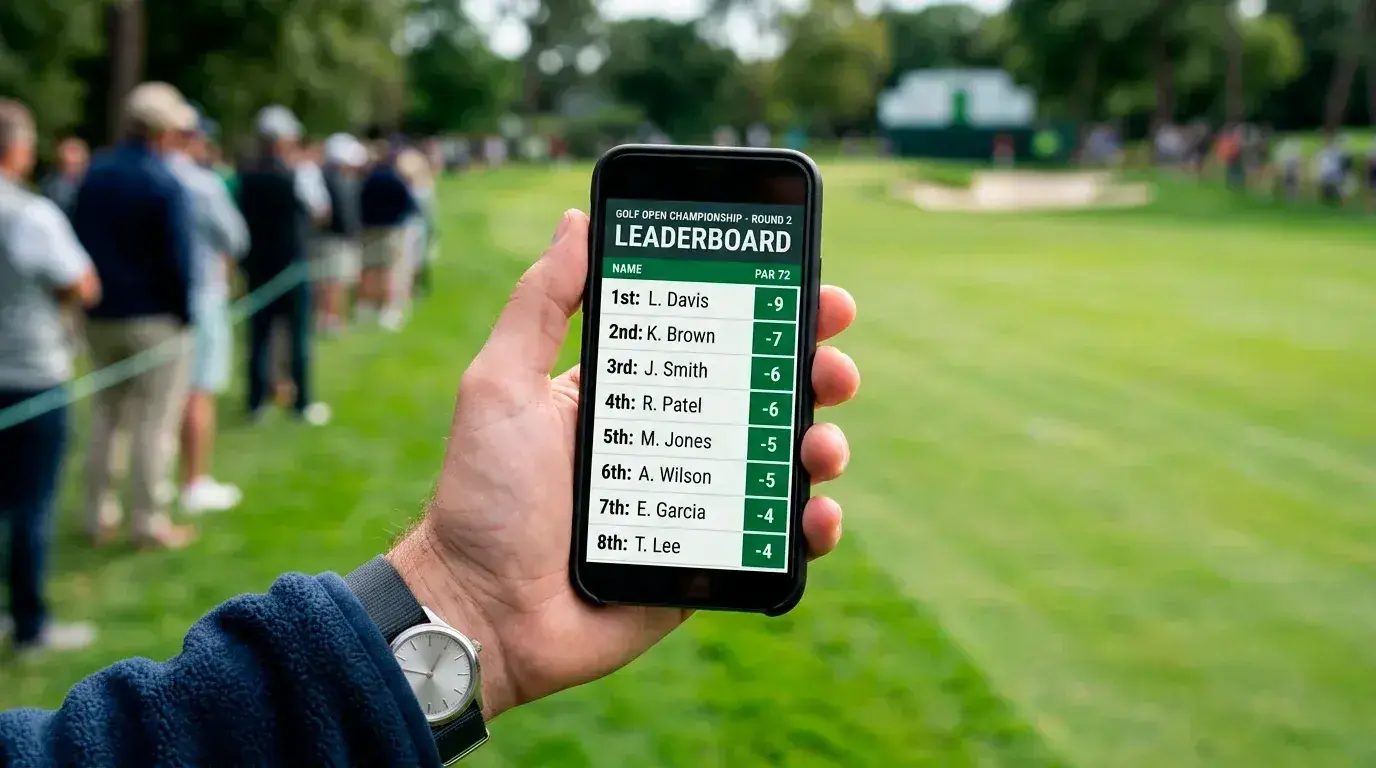 Smartphone displaying a live golf betting interface with real-time odds and leaderboard updates during a tournament round
