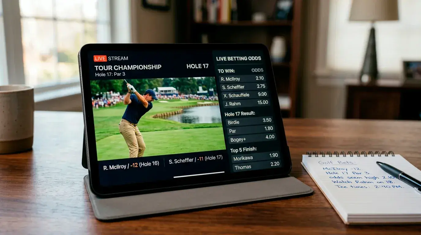 Live golf tournament streaming on a tablet alongside in-play betting odds