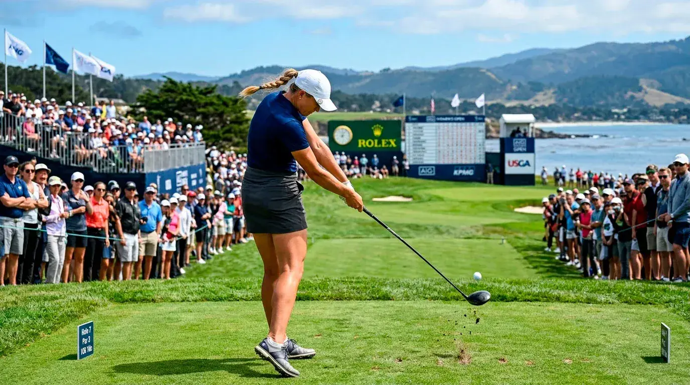 LPGA Tour golfer mid-swing on the tee with tournament branding and spectators watching
