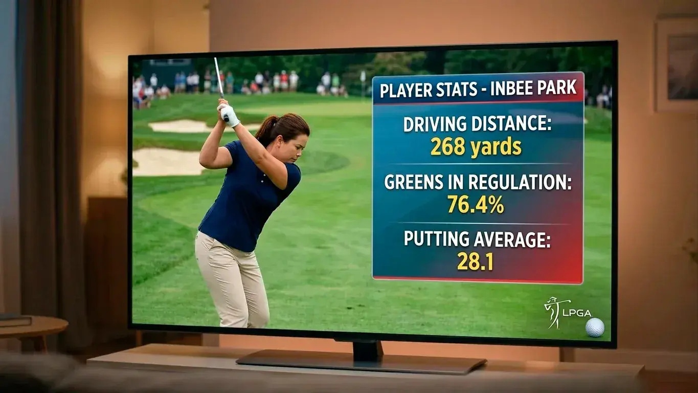 Screen showing LPGA player statistics including driving distance and greens in regulation