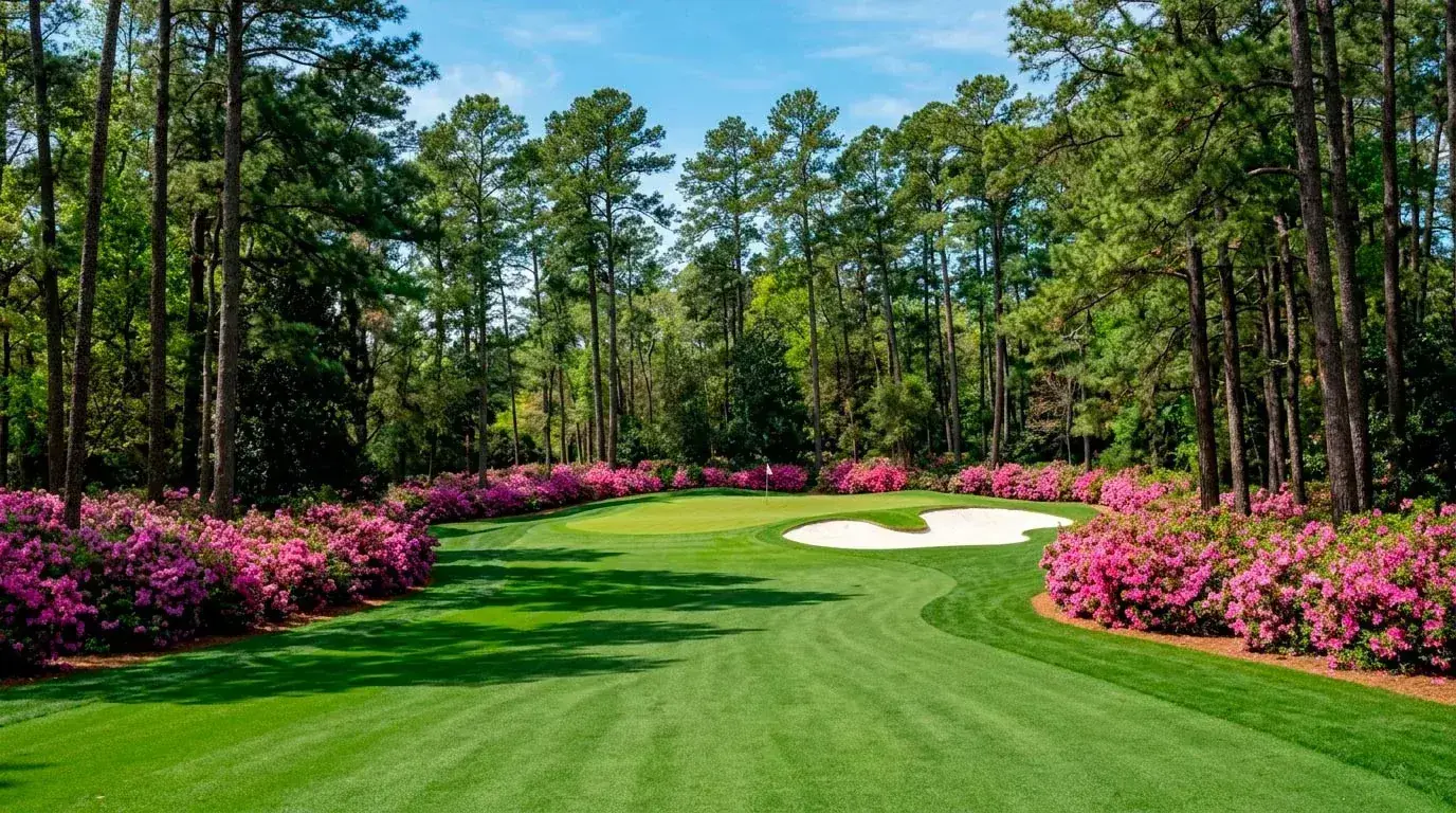 Augusta National Golf Club viewed from the fairway with blooming azaleas and manicured greens in warm April sunlight
