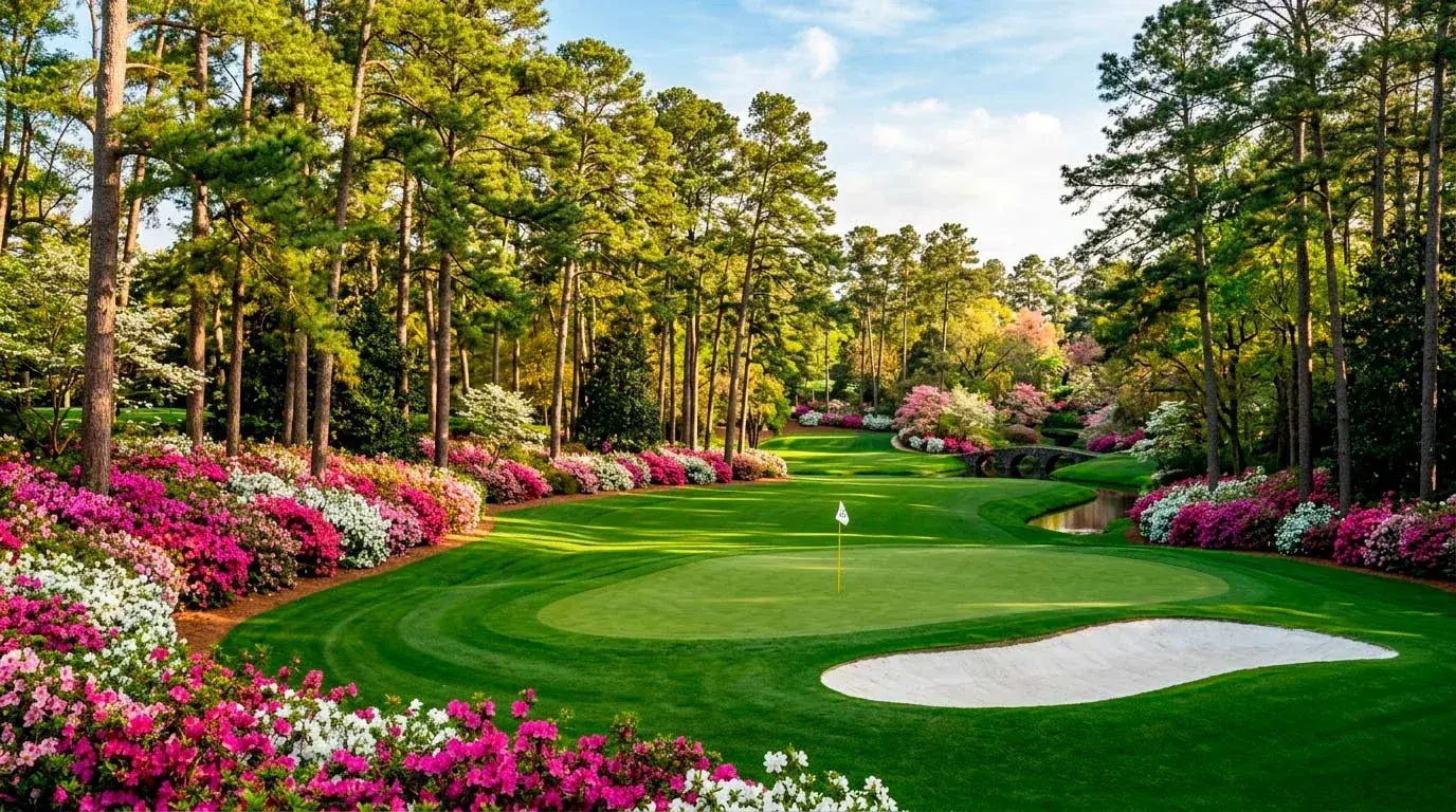 Augusta National Golf Club with azaleas blooming along the fairway during Masters week