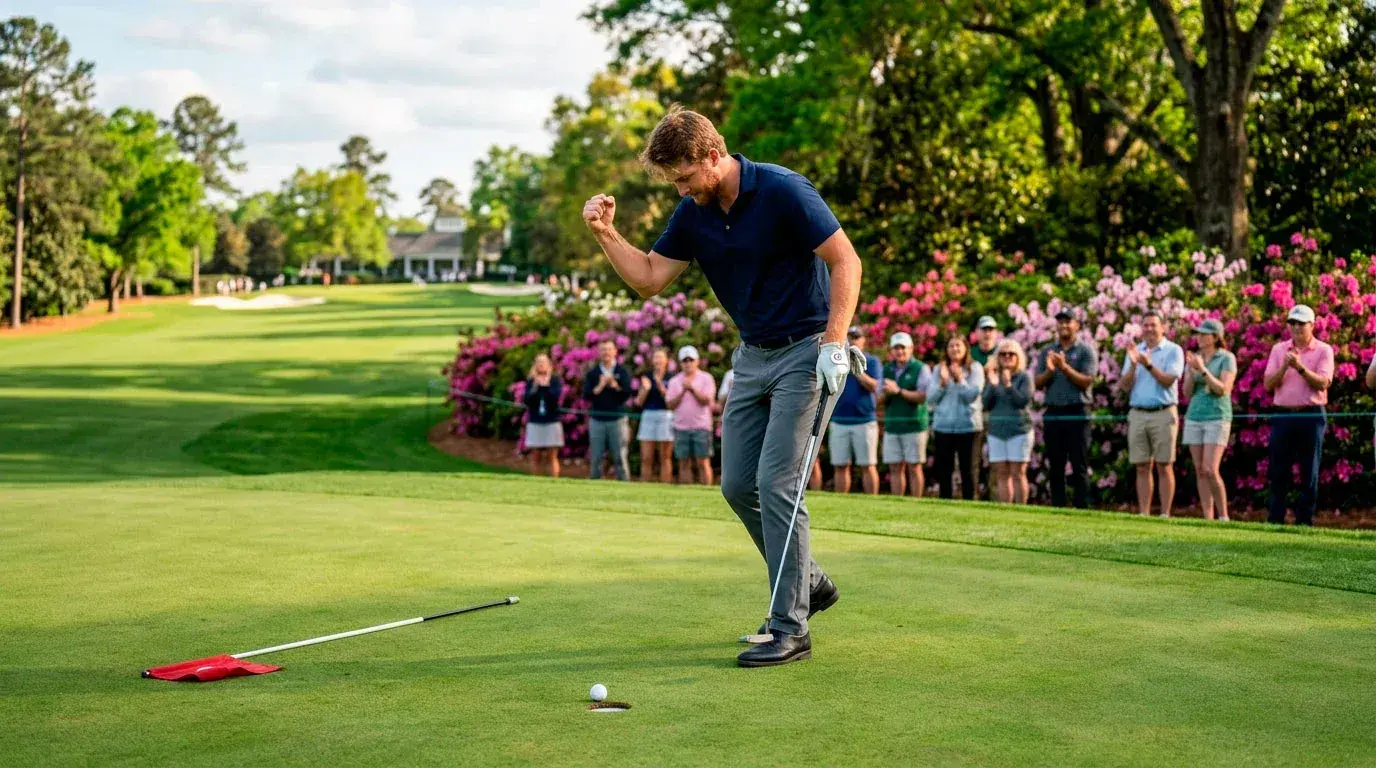 Young golfer celebrating a birdie putt during a Masters practice round at Augusta