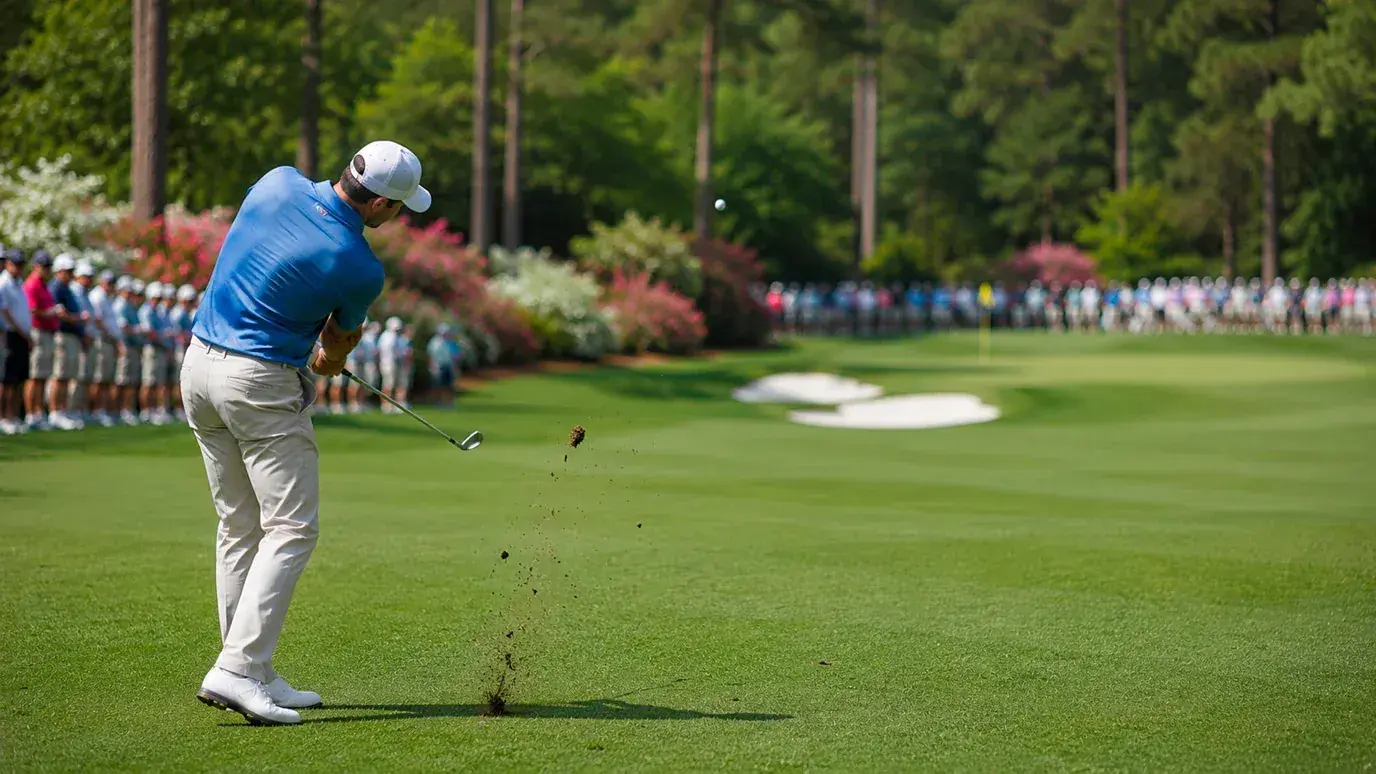 Professional golfer hitting a precise iron approach on an Augusta National fairway
