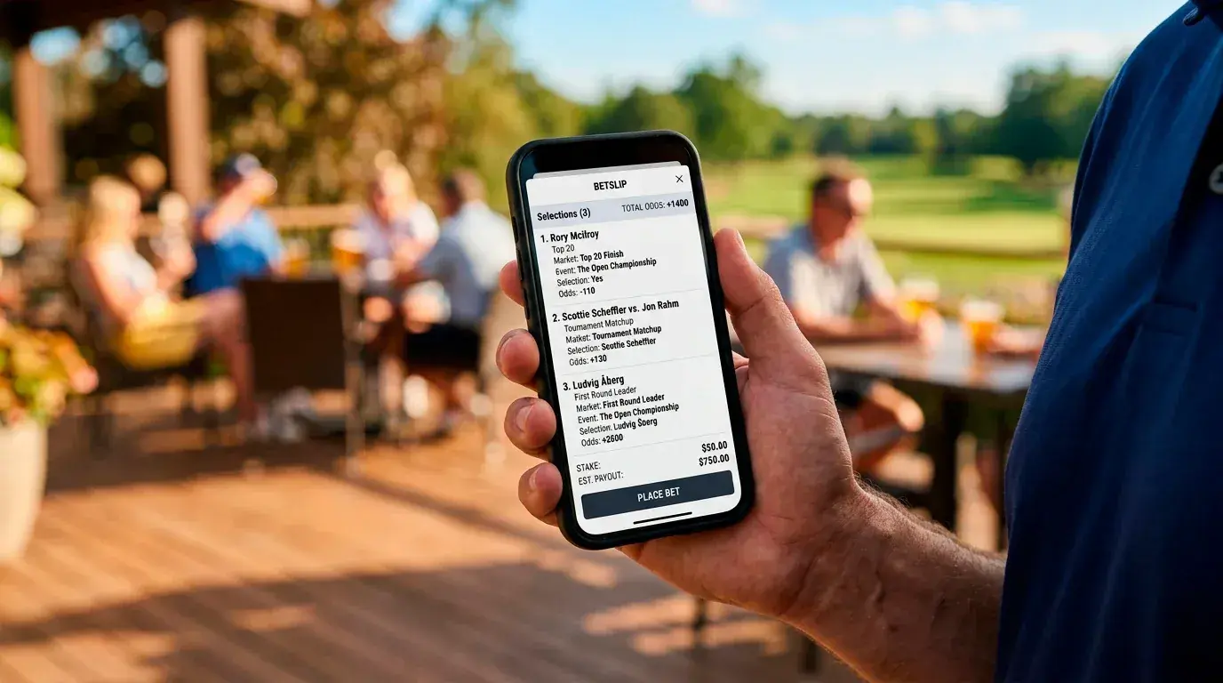 Punter selecting mixed-market golf accumulator legs on a mobile betting app