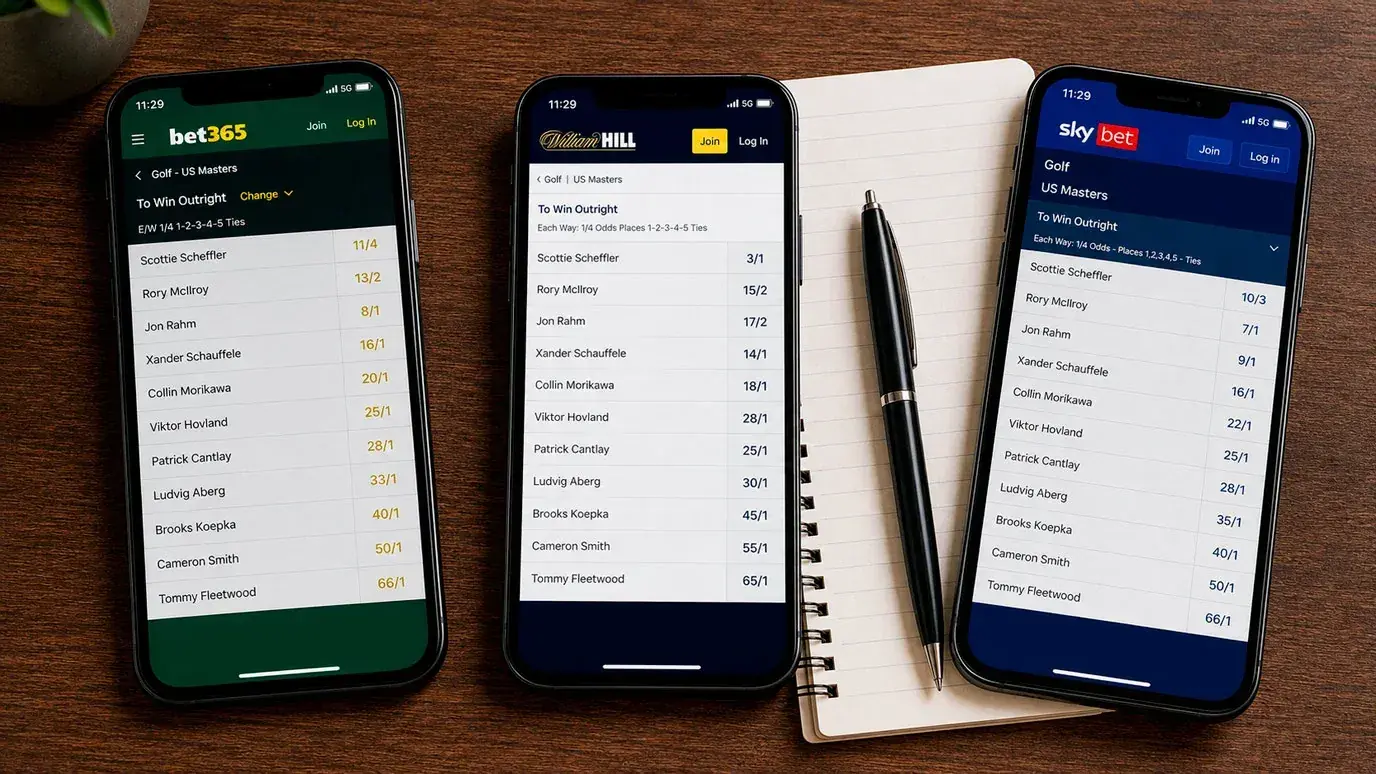 Multiple UK sportsbook apps open on a smartphone showing golf market prices