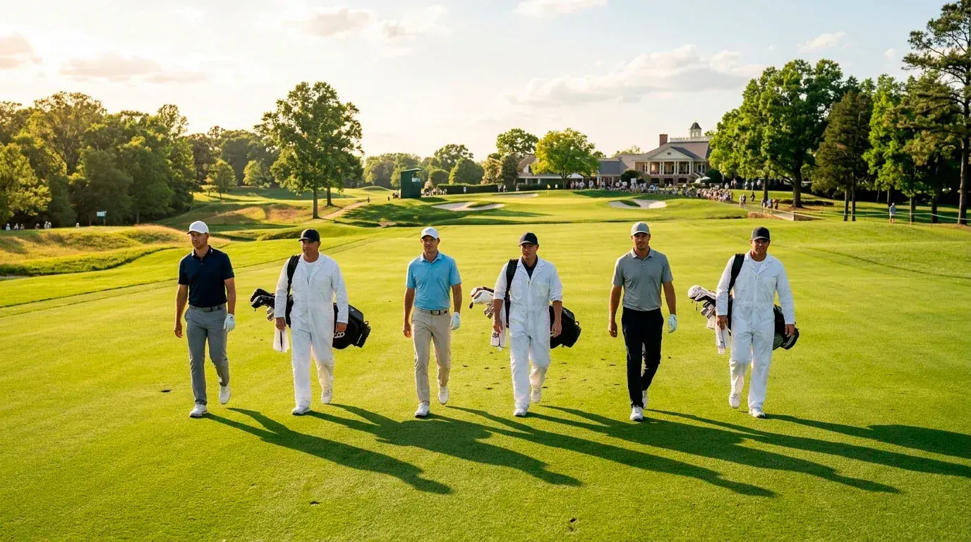 Three golfers in the same group walking down a fairway during a next-hole-winner bet