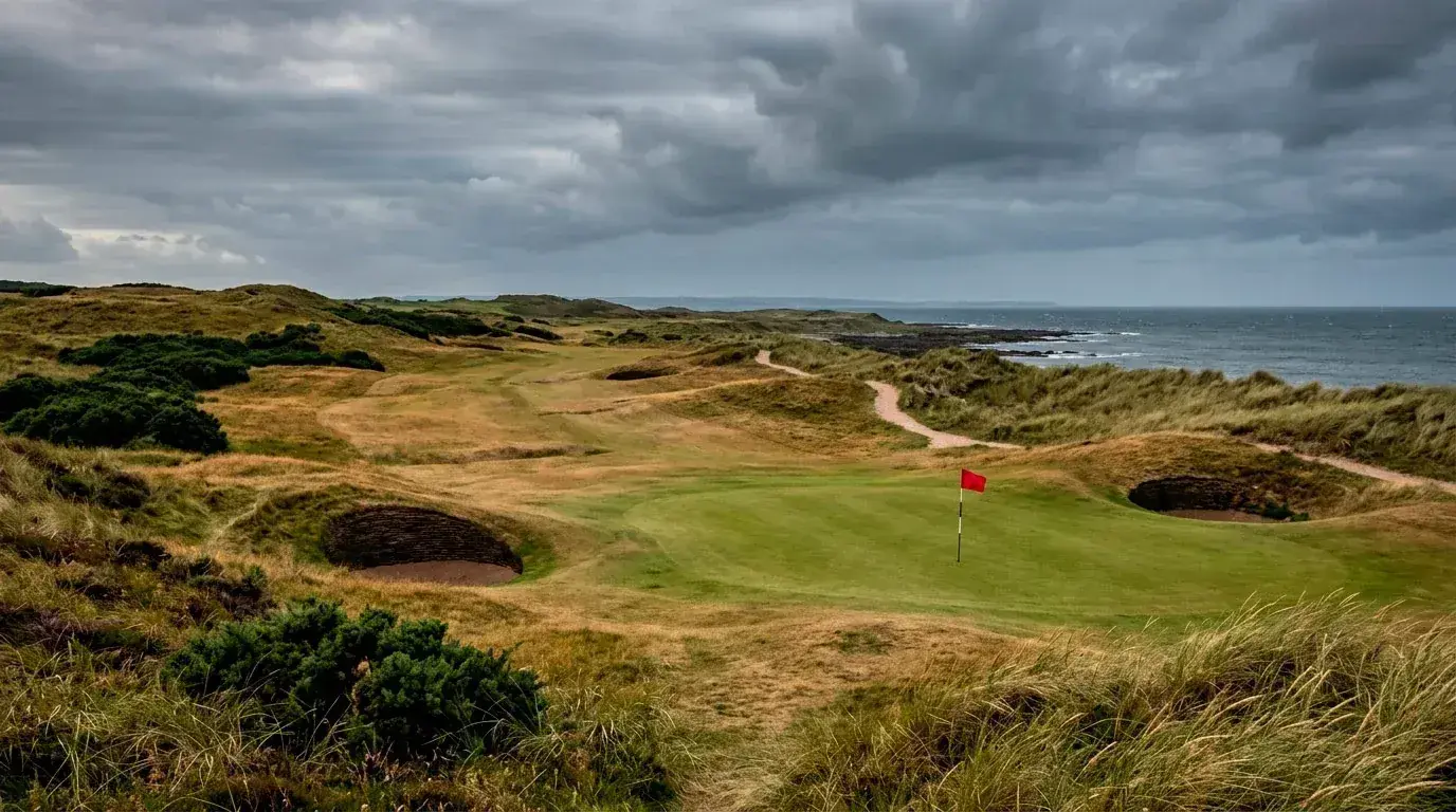 Links golf course on the British coast with rolling fairways, deep pot bunkers, and grey skies typical of The Open Championship