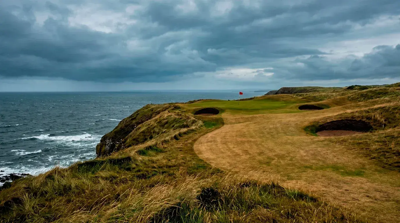 Links golf course with pot bunkers and coastal rough during The Open Championship