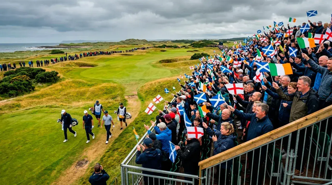 European golfers competing at The Open with national flags displayed by the gallery