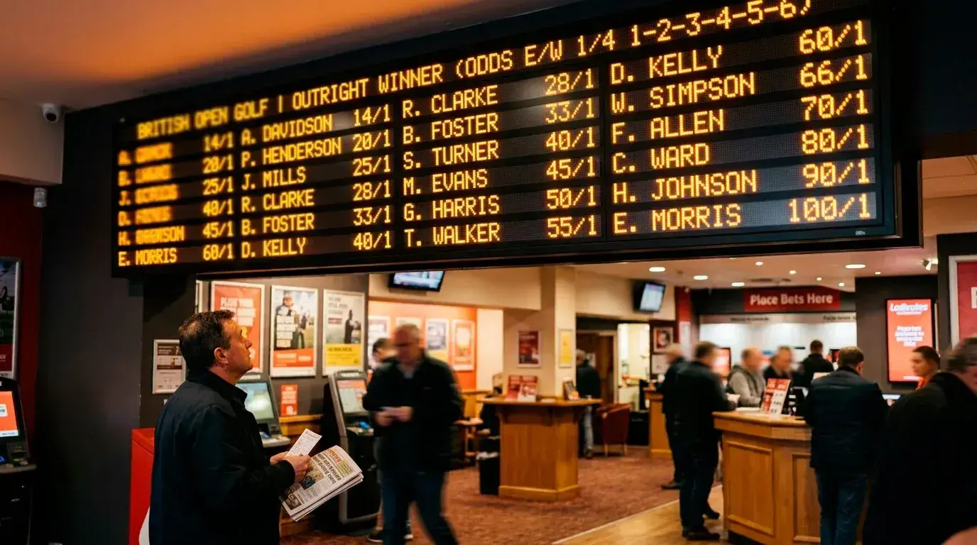 Digital odds board displaying golf tournament outright winner prices with fractional odds for multiple players