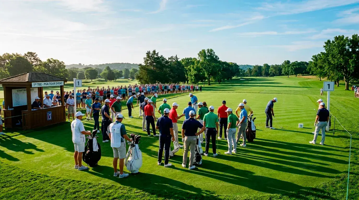 Large field of professional golfers on the first tee at a PGA Tour signature event