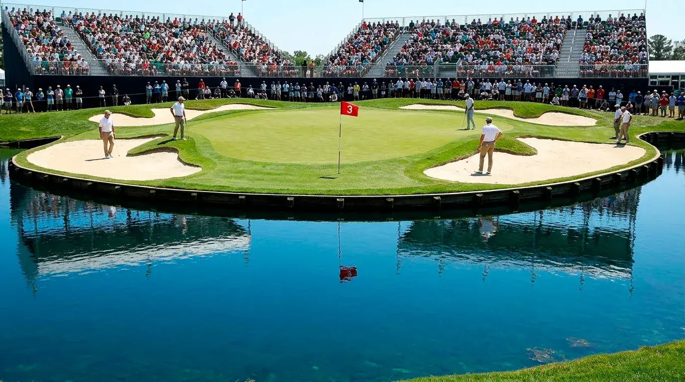 Dramatic par-three hole over water with the pin positioned near the edge