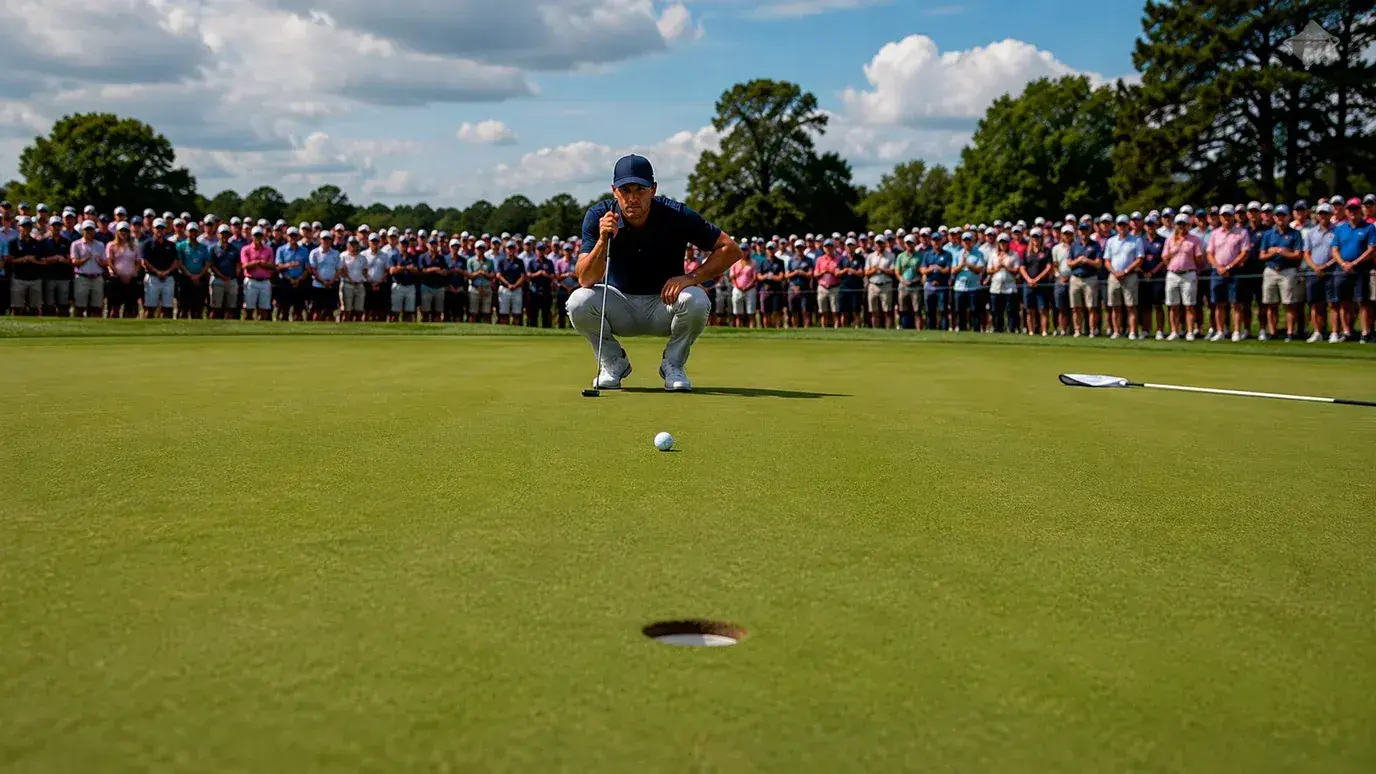 Golfer lining up a birdie putt on a reachable par five during a live broadcast