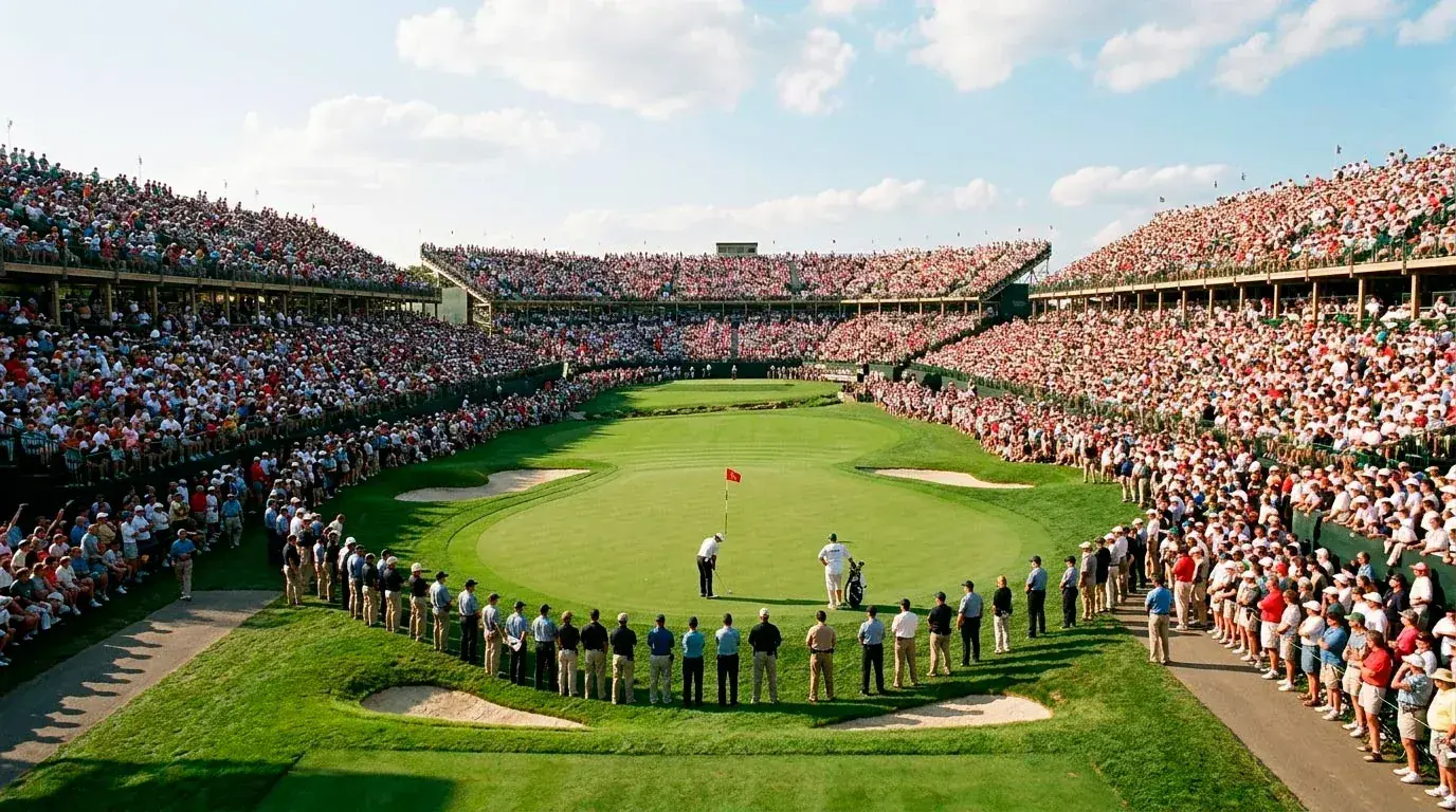 PGA Championship venue with packed grandstands and spectators surrounding the 18th green