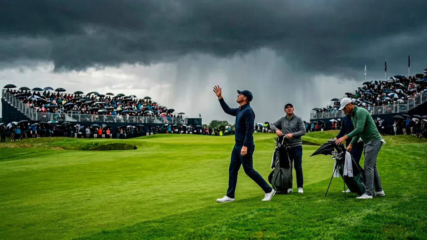 Golfers competing under variable May weather at a PGA Championship venue
