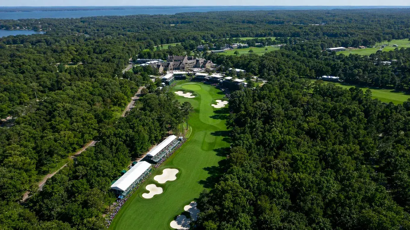 Aerial view of a lush parkland golf course set up for the PGA Championship