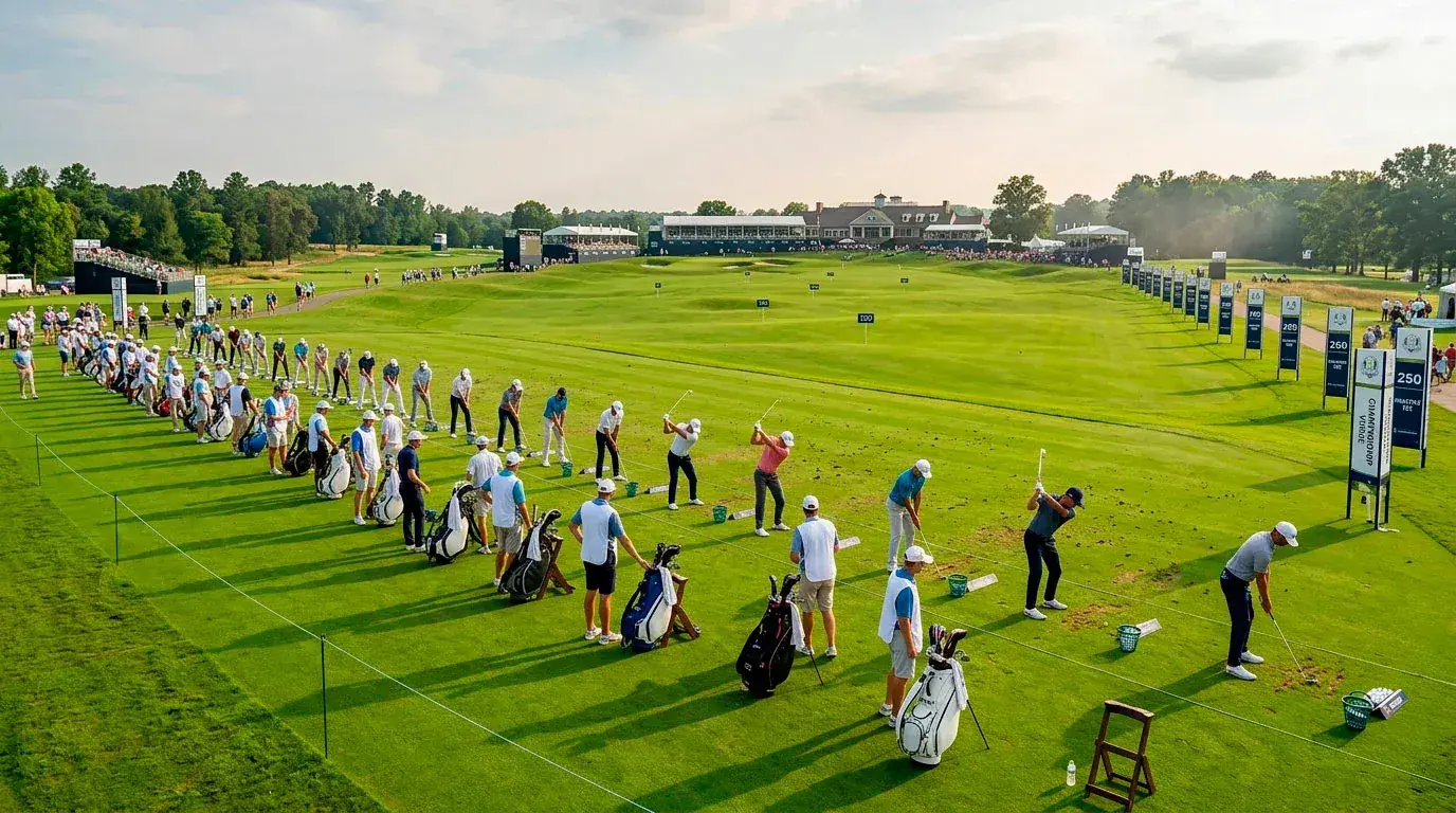 Mixed field of PGA Championship players including tour professionals on the practice range