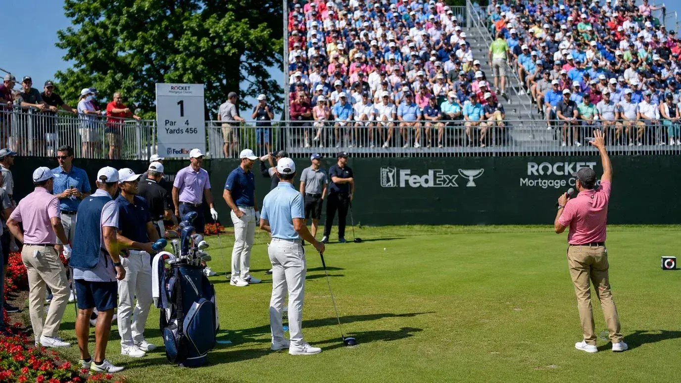Strong PGA Tour field gathered at the first tee box before a tournament round