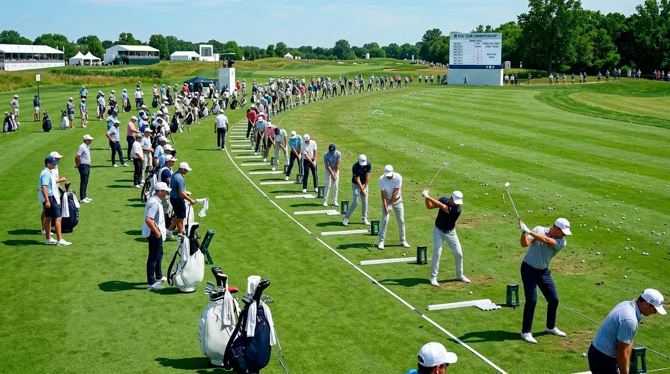Large field of golfers teeing off at a PGA Tour event with 156 runners