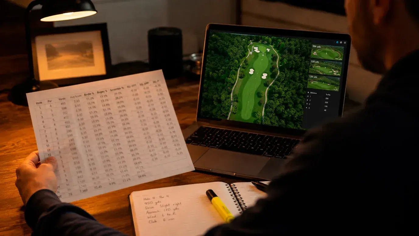 Punter researching a new PGA Championship venue layout on a laptop with course maps
