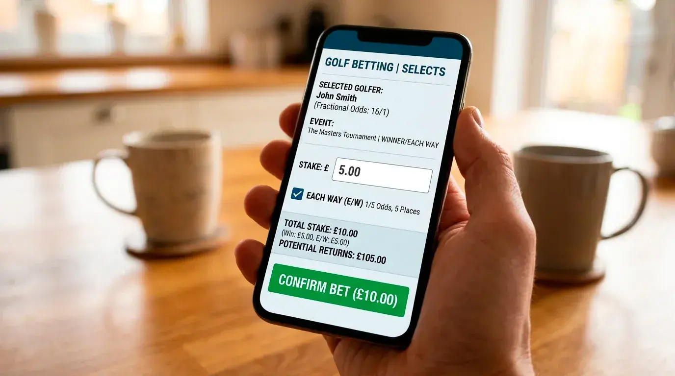 Close-up of a mobile sportsbook betslip showing a golfer selected with each-way terms displayed
