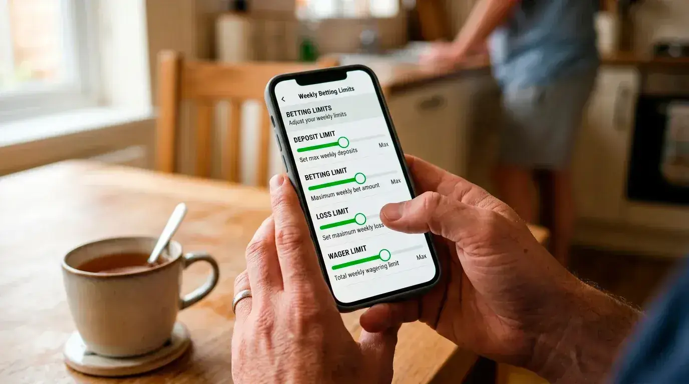 Person setting deposit limit controls on a betting account through a smartphone app, demonstrating responsible gambling tools