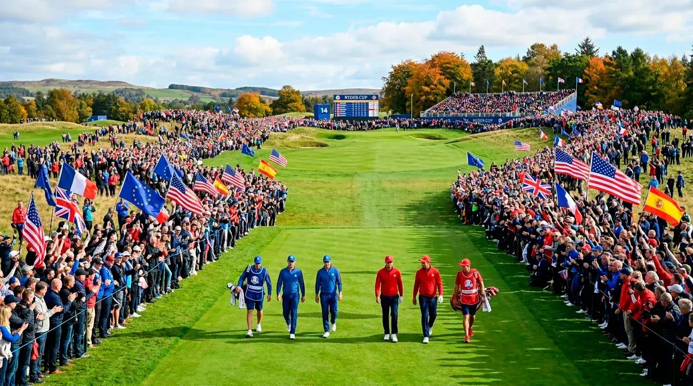Team Europe and Team USA players competing in a Ryder Cup foursomes match on the fairway