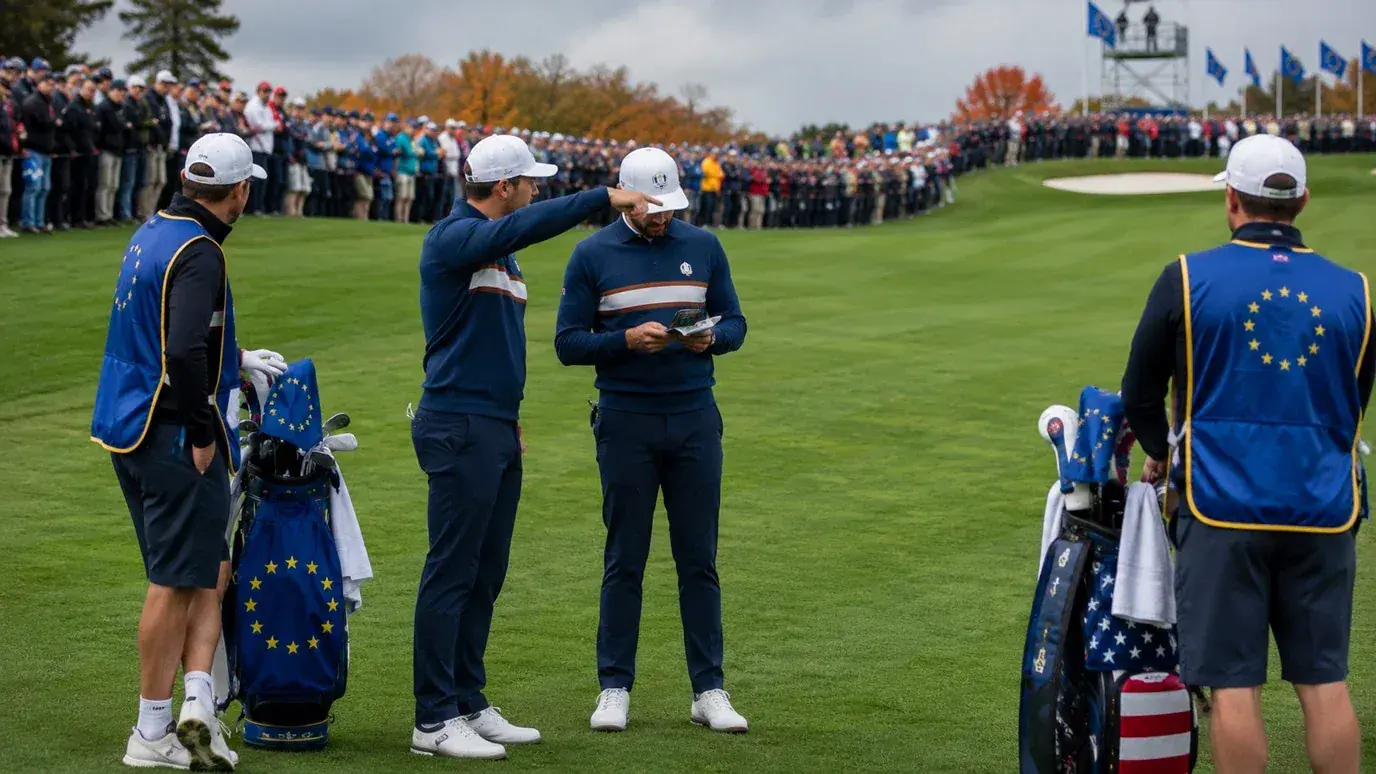 Foursomes pairing discussing strategy during Ryder Cup alternate shot on the fairway