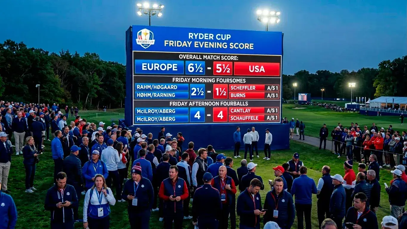 Ryder Cup scoreboard showing session results and overall match score on Friday