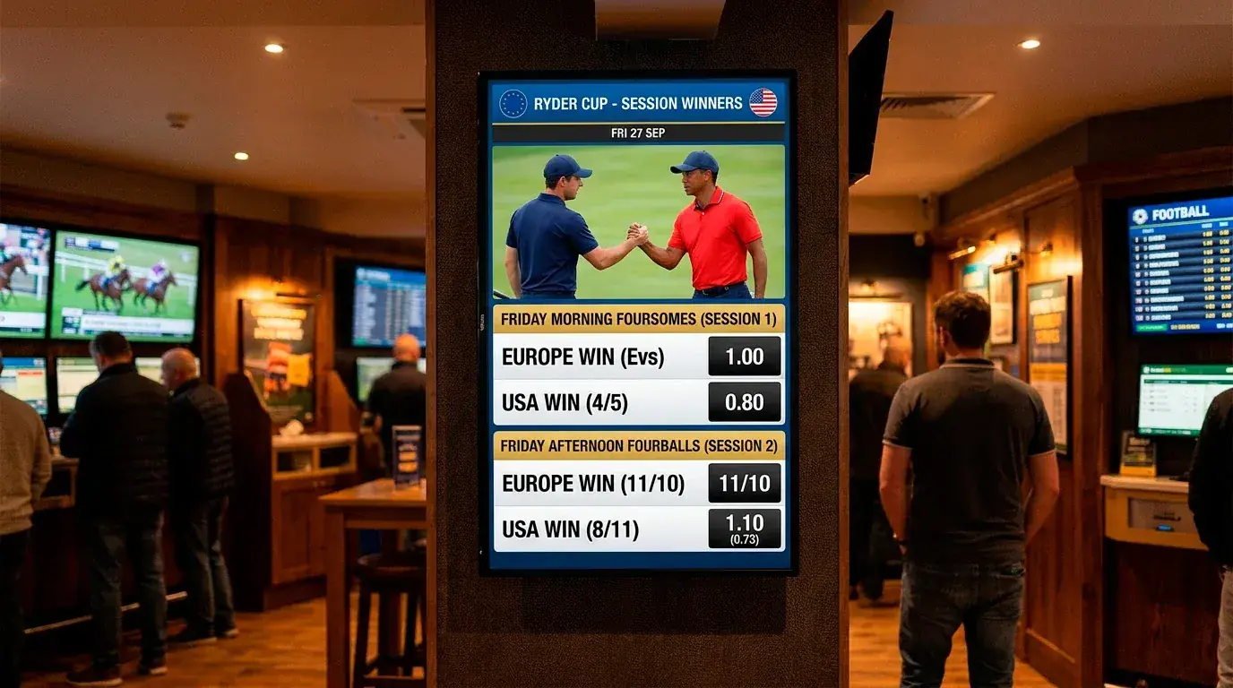 Sportsbook displaying Ryder Cup session winner odds for Friday morning foursomes