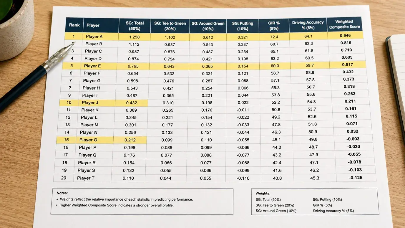 Weighted composite Strokes Gained scoring model applied to a tournament field