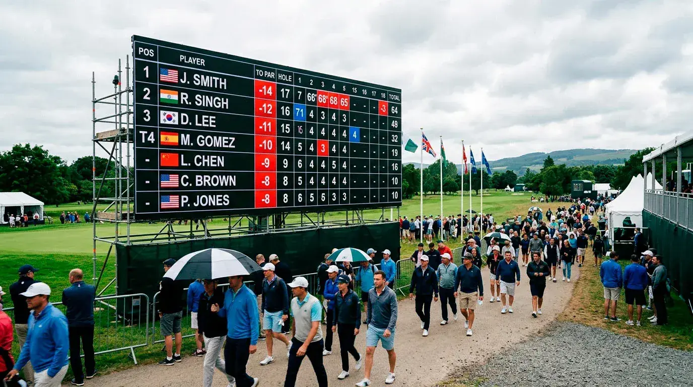 Golf leaderboard updating shot by shot with odds shifting after a birdie on the back nine