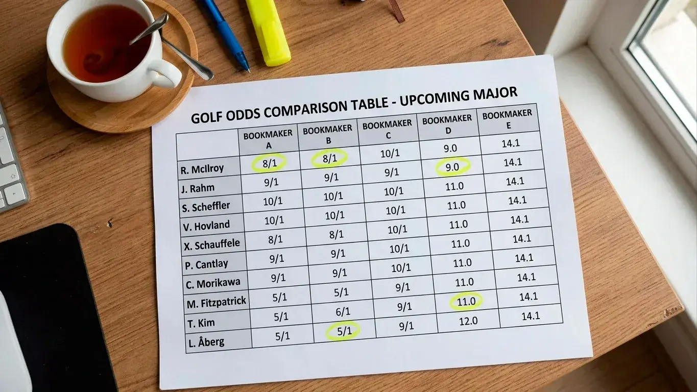 Comparison table of golf outright odds and place terms across UK bookmakers