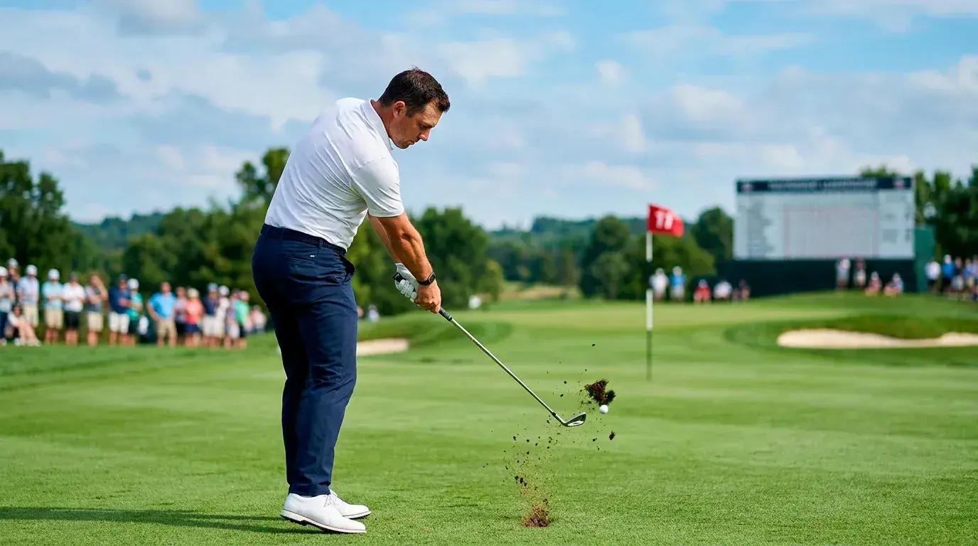 Golfer hitting an iron approach shot representing the most predictive Strokes Gained category for betting