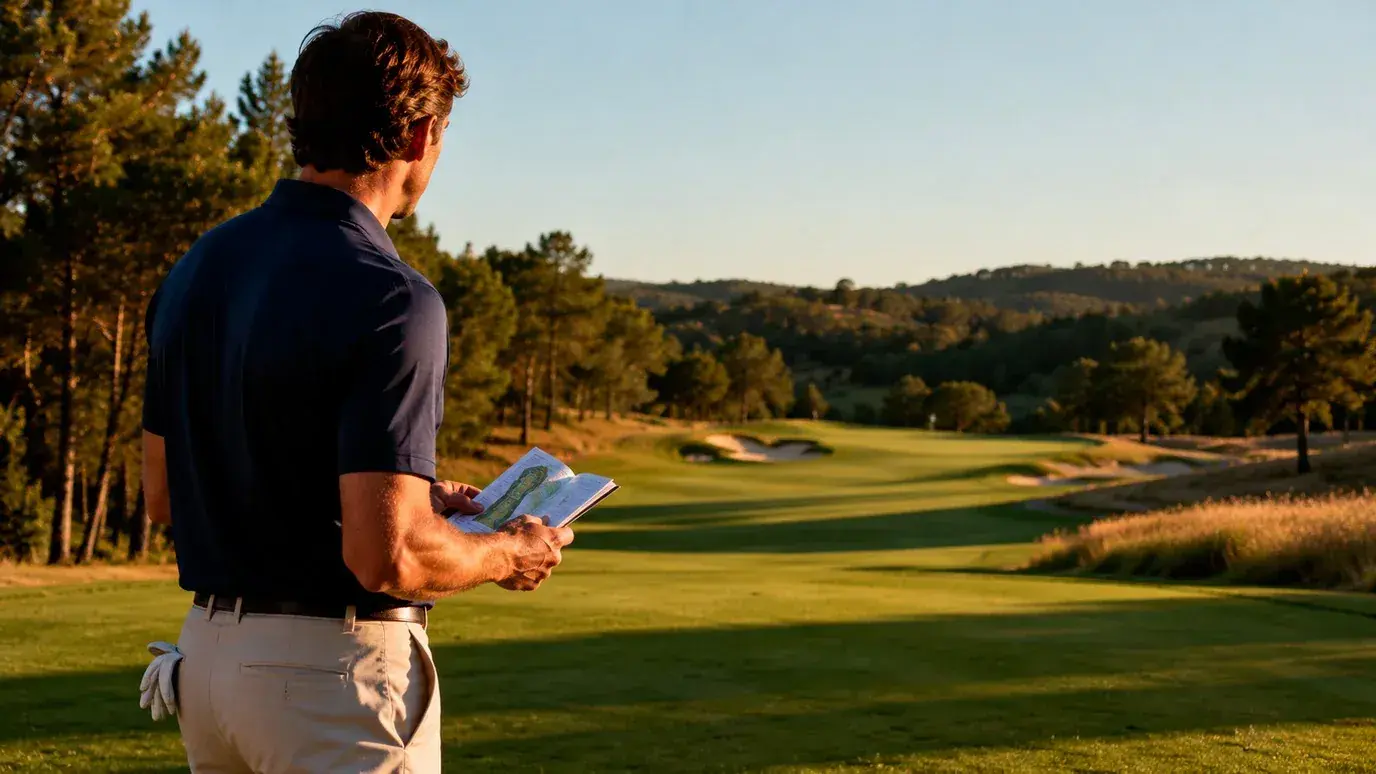 Golfer studying course layout and conditions before a tournament round