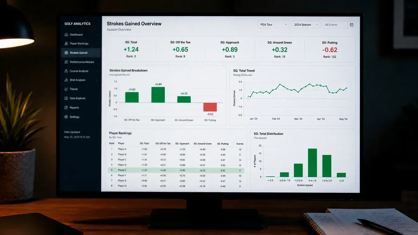Computer screen displaying detailed Strokes Gained statistics for PGA Tour players