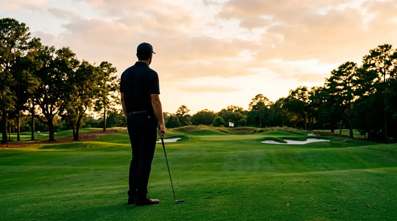 Golfer analysing approach shot with Strokes Gained data overlay concept