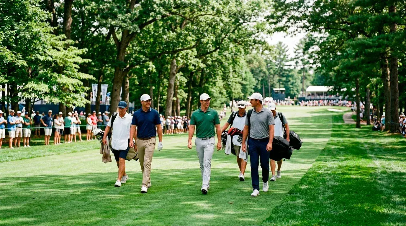 Three golfers walking together in a tournament round three-ball grouping