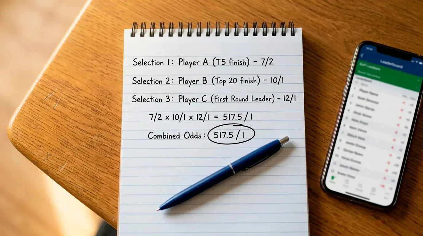 Notepad listing three golf accumulator selections with combined odds calculation