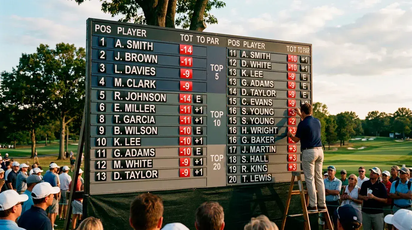 Tournament leaderboard showing top finish positions relevant to top 5, top 10 and top 20 betting markets