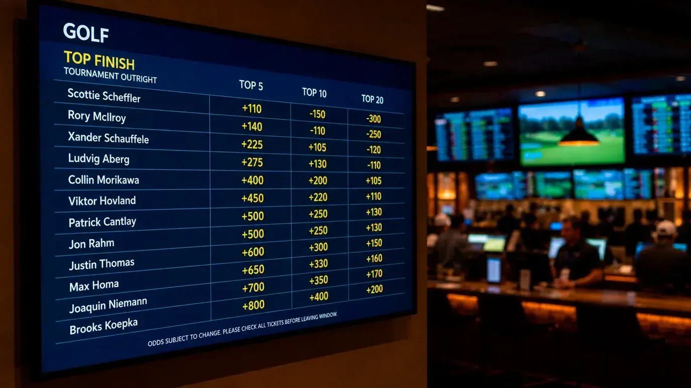 Sportsbook displaying top 10 and top 20 golf betting odds for a PGA Tour event